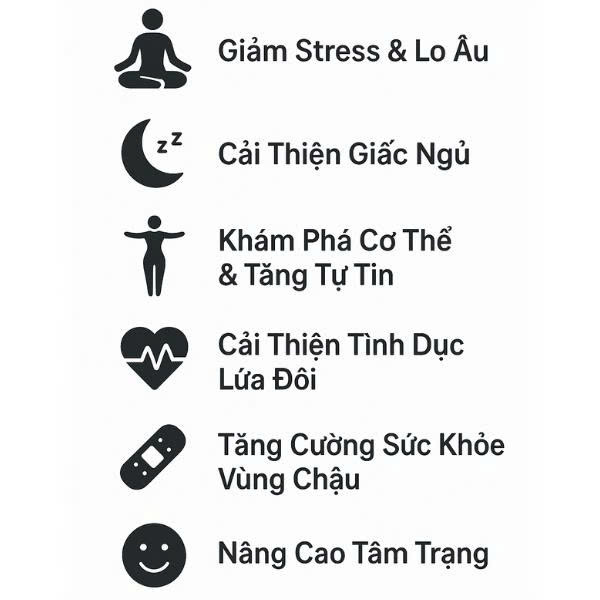 Infographic 7 lợi ích của tự sướng nữ giới cho sức khỏe thể chất và tinh thần: giảm stress, cải thiện giấc ngủ, tăng tự tin.